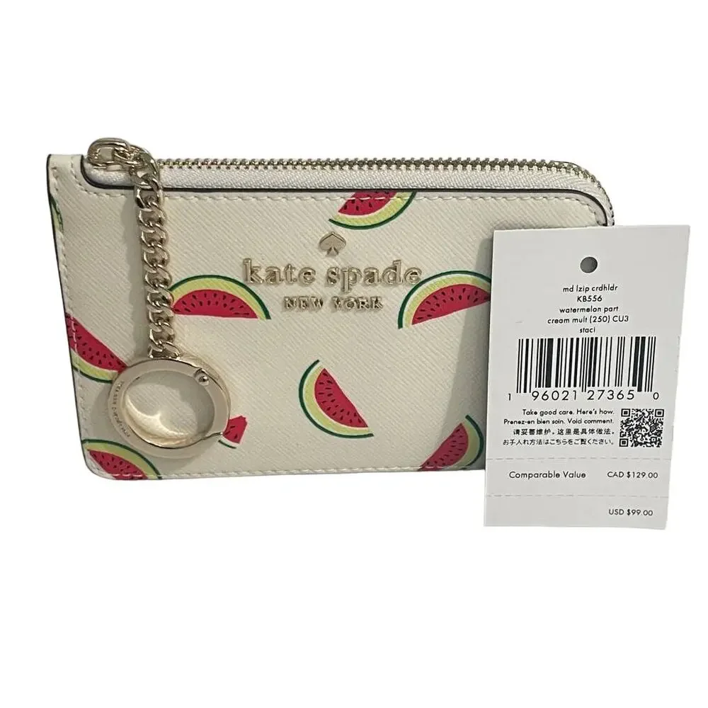 Kate Spade Staci Watermelon Party Medium L-zip Card Holder key ring New